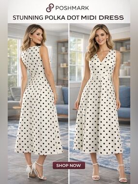 Black Label by Evan Picone Polka Dot Midi Dress Size 6| A-Line V-Neck